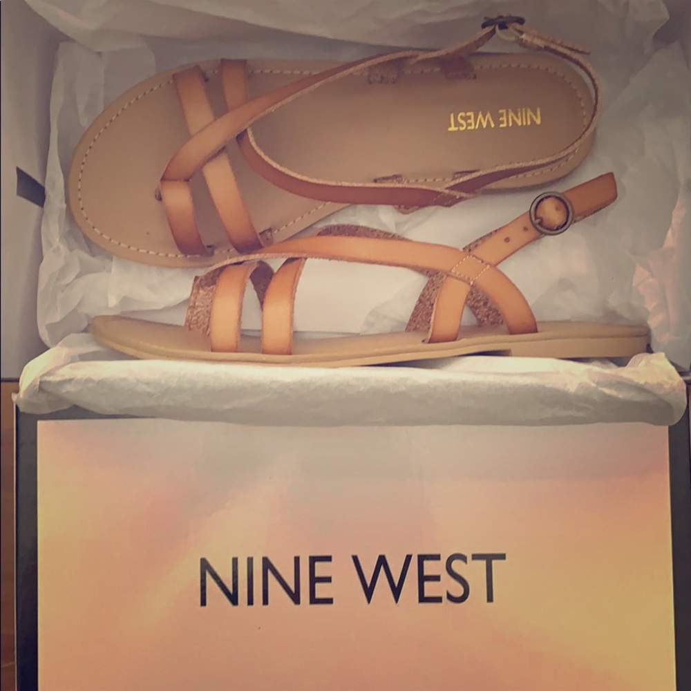 Light brown, flat, straps sandals.